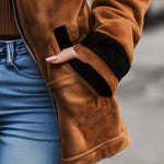 Women's Retro Zipper Contrast Color Suede Coat