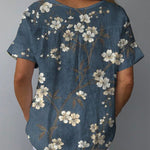 White Plum Blossom Pattern Printed Women's Casual Cotton And Linen Shirt