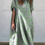 Women's Lovely Floral Art Print Linen Cotton Buttons Dress