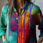 Simple Summer Woodland Quilt Art Printed Women's Casual Cotton And Linen Shirt