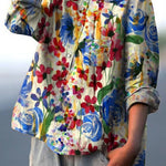Colorful Watercolor Floral Field Printed Women's Casual Cotton And Linen Shirt