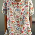 Women's  Pastoral Floral Art Print Casual Cotton And Linen Shirt