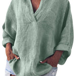 Women's Solid Color Cotton And Linen V-Neck Long Sleeve Blouse