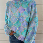 Abstract Geometric Pattern Art Print Knit Turtleneck Pullover Sweater
