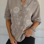 Women's Art Print Casual Cotton And Linen Henry Collar Shirt