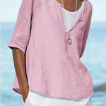 Women's Solid Color Loose Elegant Casual Cotton And Linen Mid-sleeve Shirt