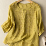 Women's Mid Sleeve Cotton And Linen Embroidery Blouse