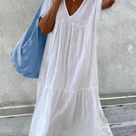 Women's V-Neck Short Sleeve Cotton And Linen Midi Dress