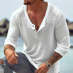 Men's Casual Breathable Cotton Linen U Neck Long-Sleeved T-Shirt