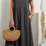 Women's Solid Color Cotton Linen Round Neck A-Line Dress