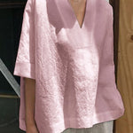 Women's V-neck Cotton And Linen Solid Colour Loose Mid-Sleeve Shirt