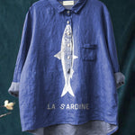 Sardine Fish Graphic Printed Women's Casual Cotton And Linen Shirt