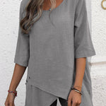 Cotton and linen crewneck irregular shirt top