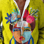 Oil Painting Freda Portrait Art Printed Buttoned Cardigan Sweater