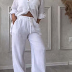 Casual solid color cotton and linen pants two-piece set