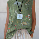Woodland And Animal Pattern Printed Women's Casual  Cotton And Linen Tank Top