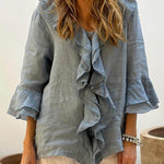 Women's Ruffles Casual Cotton And Linen 3/4 Sleeves Shirt