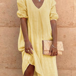 Cotton And Linen Solid Color Long Sleeve Casual Midi Dress