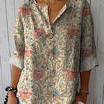 70s Style Vintage Floral Garden Printed Women's Casual Cotton Linen Shirt