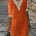 V-neck Mid-sleeved Cotton and Linen Casual Dress