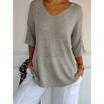 Women's Solid Color Knitted 3/4 Sleeve V-neck Top