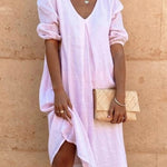 Cotton And Linen Solid Color Long Sleeve Casual Midi Dress