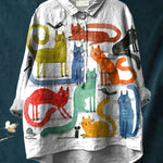 Vintage Cute Cats Art Print Casual Cotton And Linen Shirt