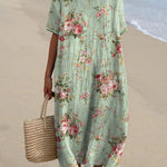 Women's Vintage Floral Art Print Pocket Linen Dress（Convertible Dress With Front And Back Option）
