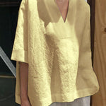 Women's V-neck Cotton And Linen Solid Colour Loose Mid-Sleeve Shirt