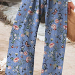 Women's Vintage Lovely Butterflies Floral Art Printed Cotton And Linen Casual Pants