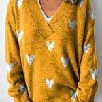 Lovely Hearts Repeat Pattern Printed Knit V-Neck Pullover Sweater