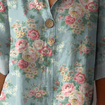 Retro Style Ditsy Rose Pattern Printed Women's Casual Cotton Linen Shirt