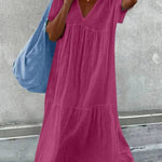 Women's V-Neck Short Sleeve Cotton And Linen Midi Dress