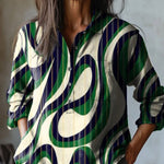 Abstract Swirl Pattern Printed Women's Casual Cotton And Linen Shirt