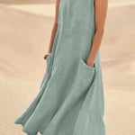 Women Sleeveless Sundress Elegant Round Neck Cotton Linen Solid Long Tank Casual Summer Dress