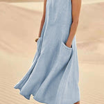 Women Sleeveless Sundress Elegant Round Neck Cotton Linen Solid Long Tank Casual Summer Dress