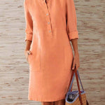 Spring Cotton And Linen Round Neck Long Sleeve Dress