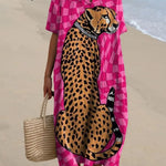 Cute Check Cheetah Print Cotton and Linen Long Sleeve Shirt