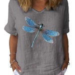 Women's Dragonfly Art Print Cotton & Linen  Casual Top