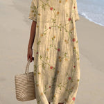 Women's Vintage Lovely Floral Art Print Pocket Linen Dress（Convertible Dress With Front And Back Option）