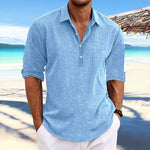 Men's Casual Solid Color Pullover Lapel Roll-Up Cotton and Linen Sleeve Long Sleeve Shirt