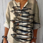 Women's Vintage Fish Art Print Casual Cotton And Linen Shirt