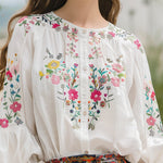 Cotton and Linen Floral Embroidery Long Sleeve Shirt