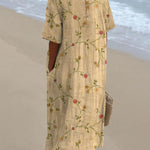 Women's Vintage Lovely Floral Art Print Pocket Linen Dress（Convertible Dress With Front And Back Option）