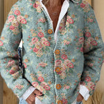 Romantic French Rose Pattern Printed Buttoned Cardigan Sweater