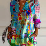 Colorful Abstract Painting Printed Women's Casual Cotton Shirt
