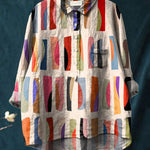 Geometric Block Pattern Printed Women's Casual Cotton And Linen Shirt
