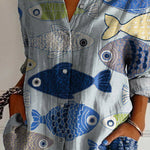 Women's Vintage Lovely Fish Art Print Casual Cotton Shirt