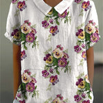 Women's Vintage Lovely Pansies Art Print Casual Cotton And Linen Shirt