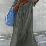 Women's V-Neck Short Sleeve Cotton And Linen Midi Dress